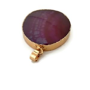 Vintage Magenta Oval Pendant With Gold Trim - Sliced Agate Deep Pink Stone